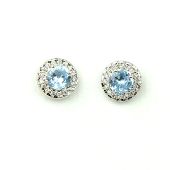 Solid 14k White Gold Round Halo Stud Push Back Earrings With Sparkling Stones - Picture 2 of 10